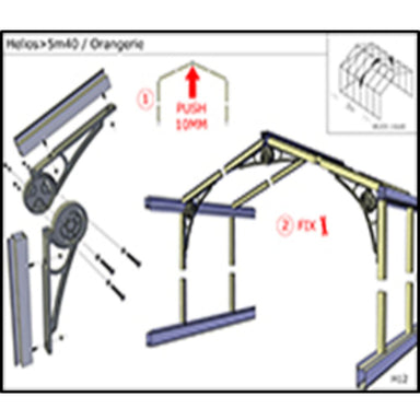 Diagram of a metal structure with labeled parts and assembly instructions.