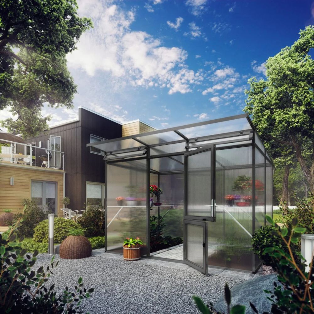 Exaco Linea II Modern Greenhouse 9ft 9in x 6ft 8in x 7ft - 4mm Glass / 10mm Twin-Wall Polycarbonate Glazing