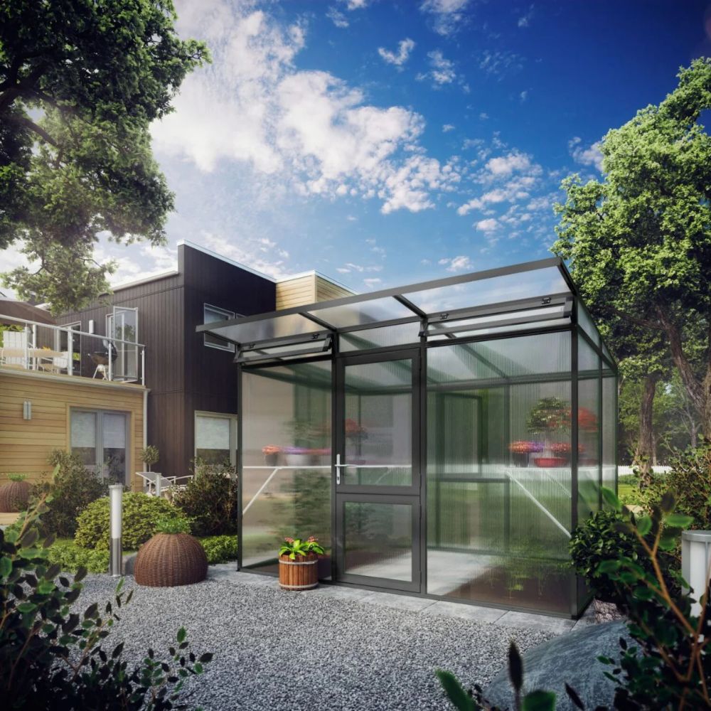 Exaco Linea II Modern Greenhouse 9ft 9in x 6ft 8in x 7ft - 4mm Glass / 10mm Twin-Wall Polycarbonate Glazing
